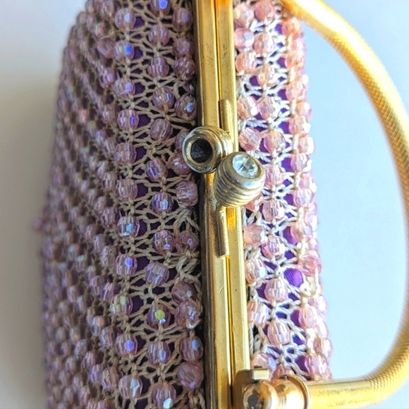 Bead Crochet Top Handle Kiss Lock Frame Bag Pink Purple Gold - Picture 5 of 11